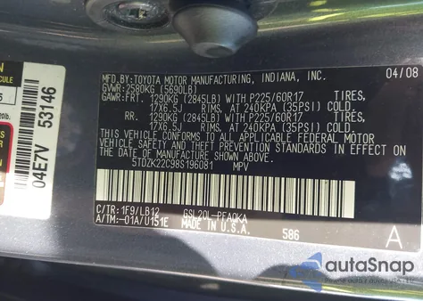 2008 Toyota Sienna Xle z USA, uszkodzony, nr VIN 5TDZK22C98S196081